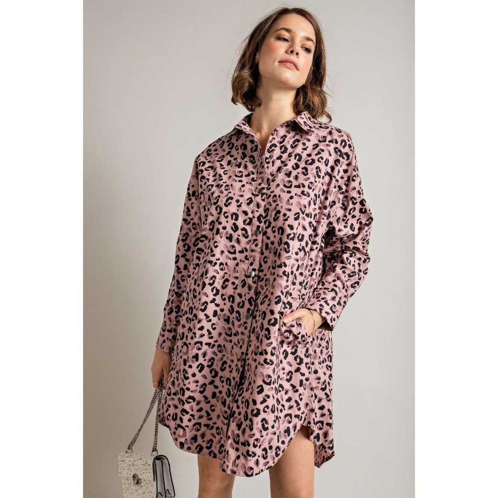 Easel Mauve Leopard Animal Printed Collared Neck Shirt Button Down Front Dress - Picture 4 of 5